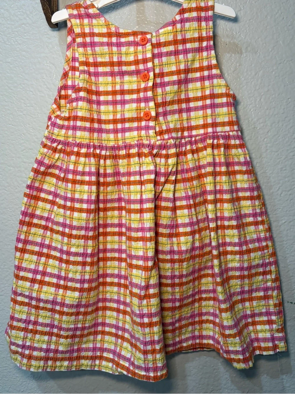 VTG OshKosh Dress Girls 4t Plaid Fruit Seersucker Pinafore Jumper  1990s